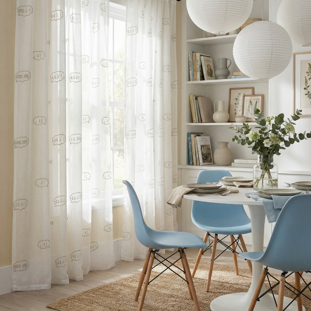 Niamh Embroidered Letter White Sheer Curtains