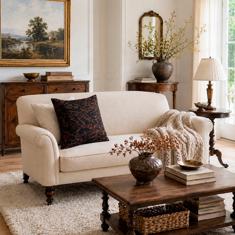 Noir Silky Botanical Jacquard Pillow Cover