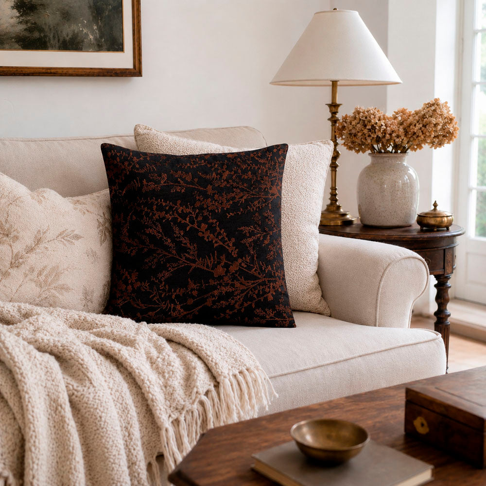 Noir Silky Botanical Jacquard Pillow Cover