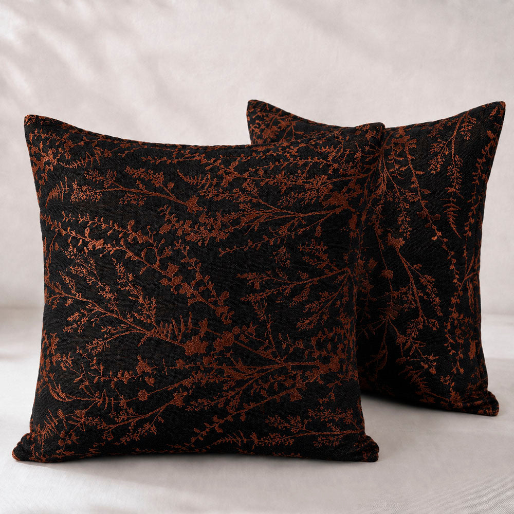 Noir Silky Botanical Jacquard Pillow Cover