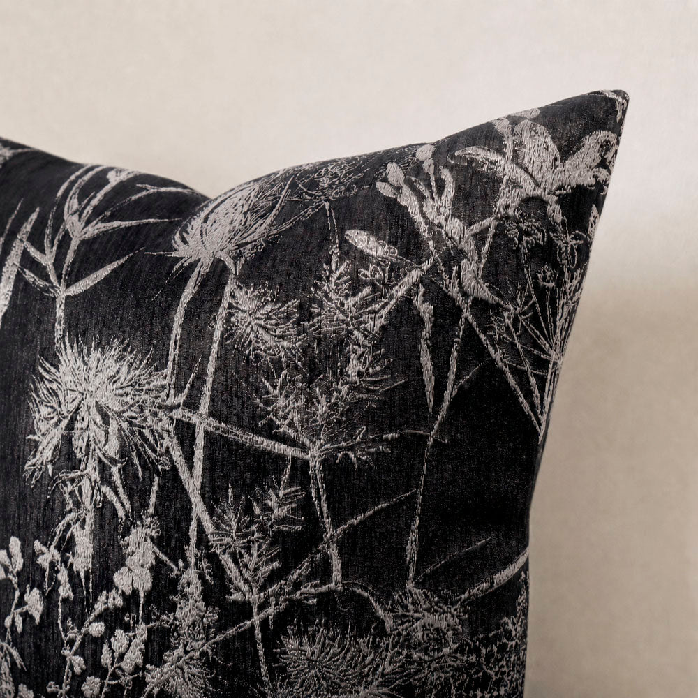 Noir Silky Botanical Jacquard Pillow Cover