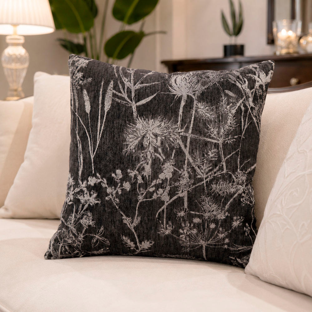 Noir Silky Botanical Jacquard Pillow Cover