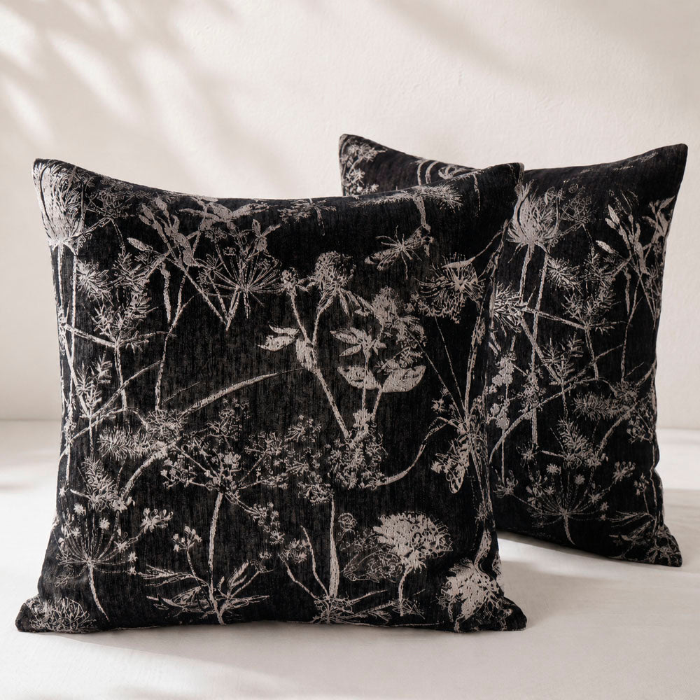 Noir Silky Botanical Jacquard Pillow Cover