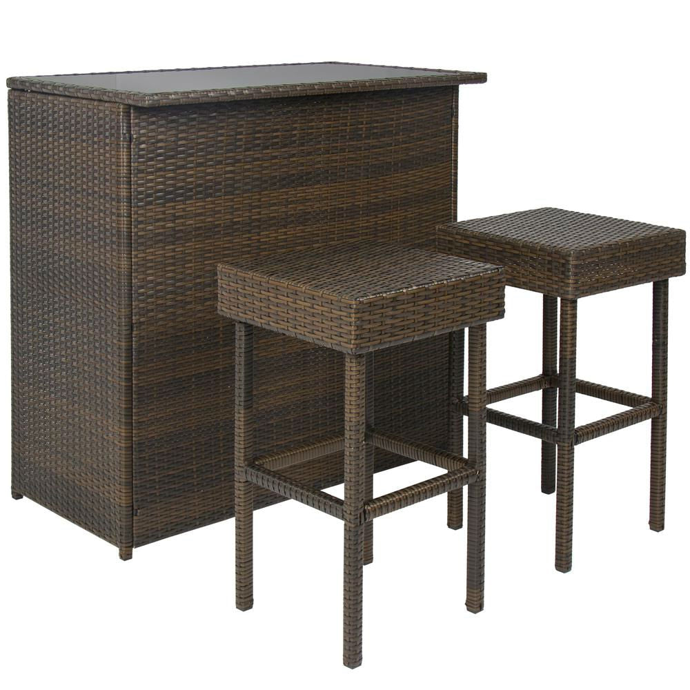 Outdoor 3-Piece PE Wicker Bar Set with Table and Stools-0