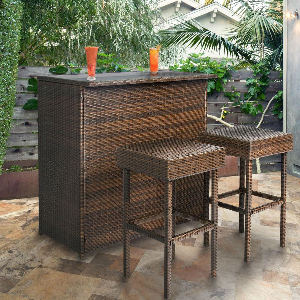 Outdoor 3-Piece PE Wicker Bar Set with Table and Stools-3