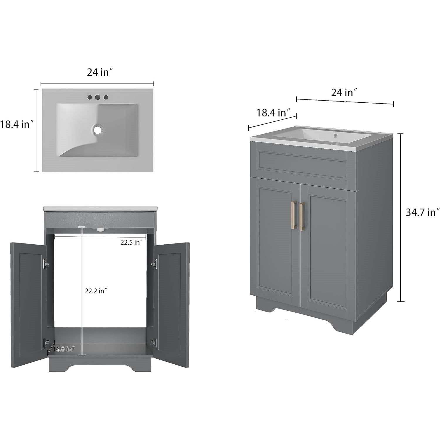 Modern Gray Wood Finish Bathroom Vanity with White Ceramic Sink-4