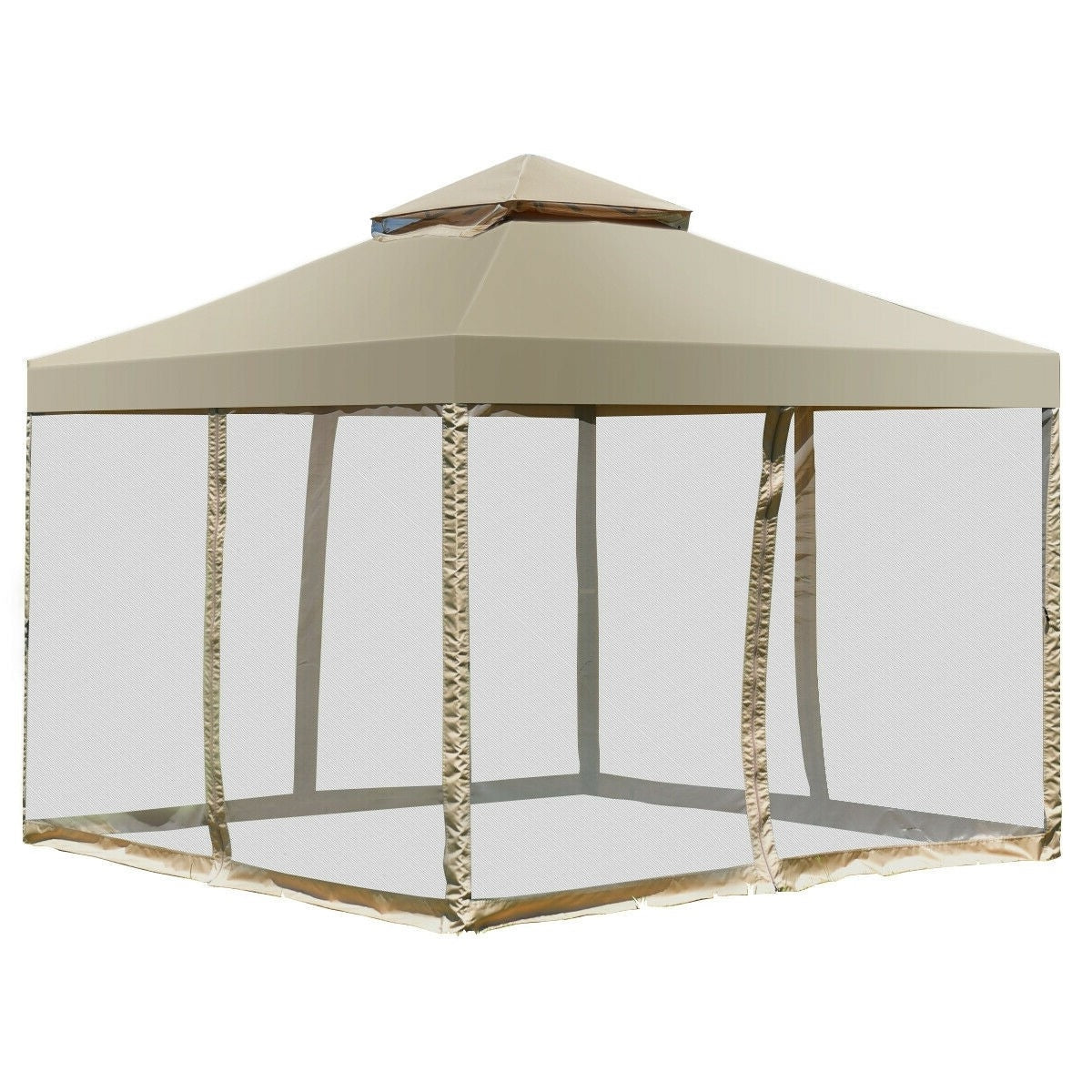 10 x 10 Ft Outdoor Gazebo with Tan Brown Polyester Canopy and Mesh Side Walls-0