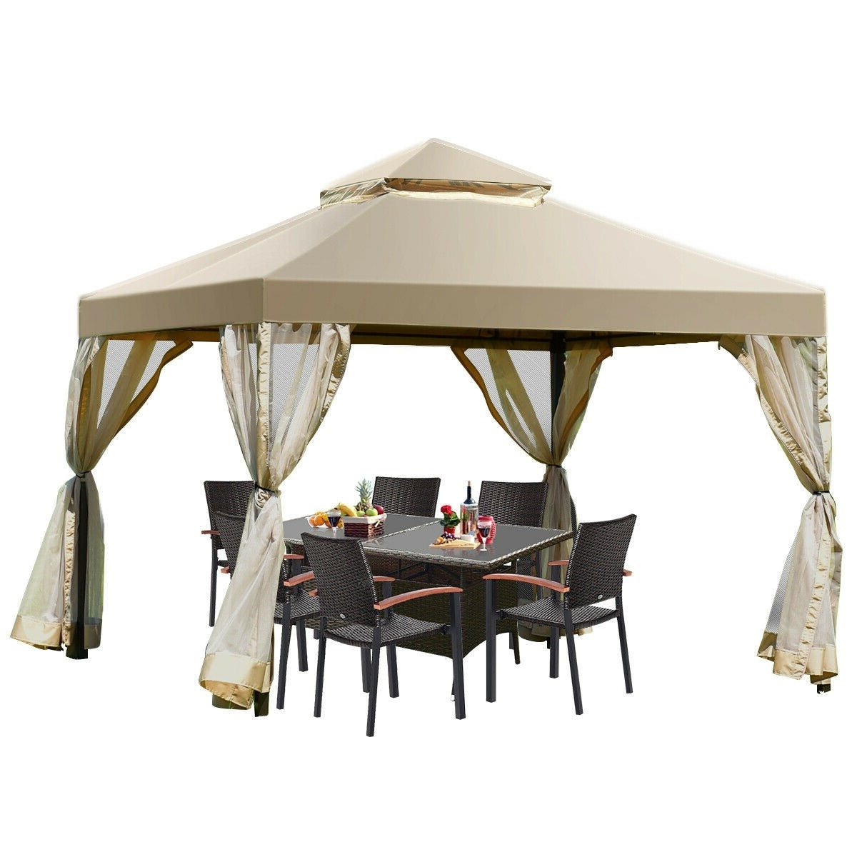 10 x 10 Ft Outdoor Gazebo with Tan Brown Polyester Canopy and Mesh Side Walls-1