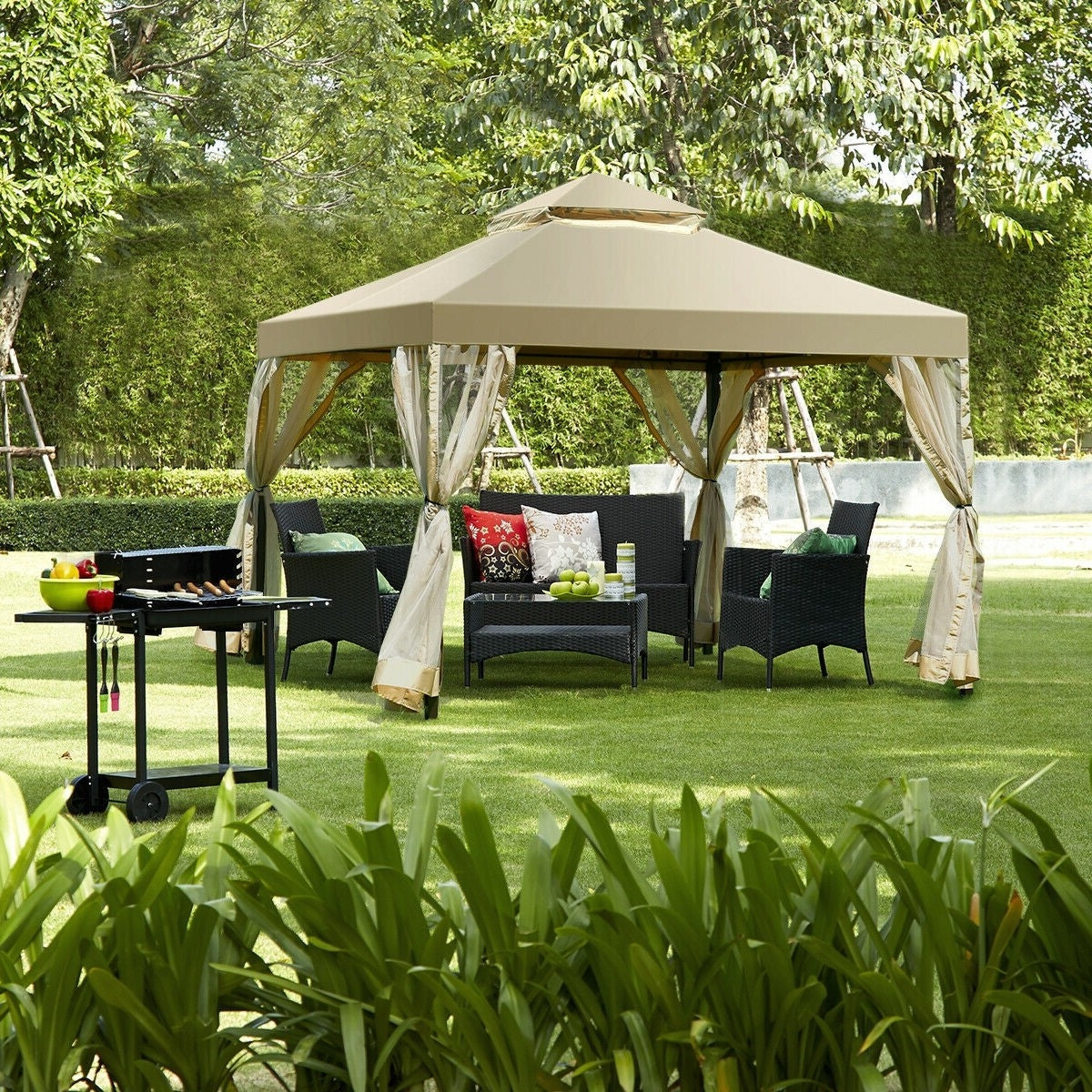 10 x 10 Ft Outdoor Gazebo with Tan Brown Polyester Canopy and Mesh Side Walls-2