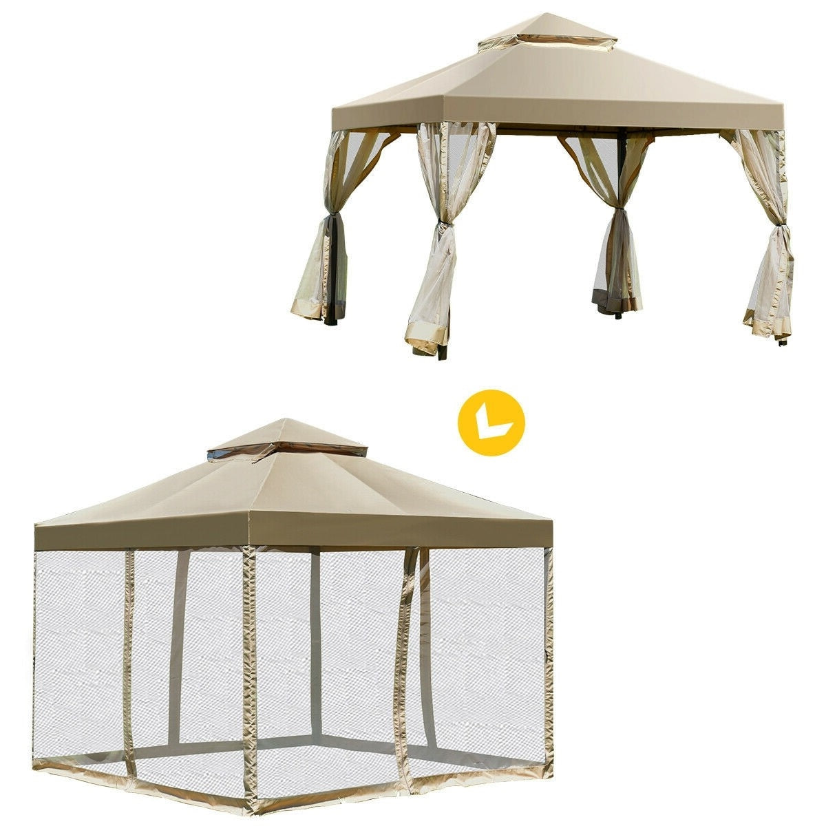 10 x 10 Ft Outdoor Gazebo with Tan Brown Polyester Canopy and Mesh Side Walls-3