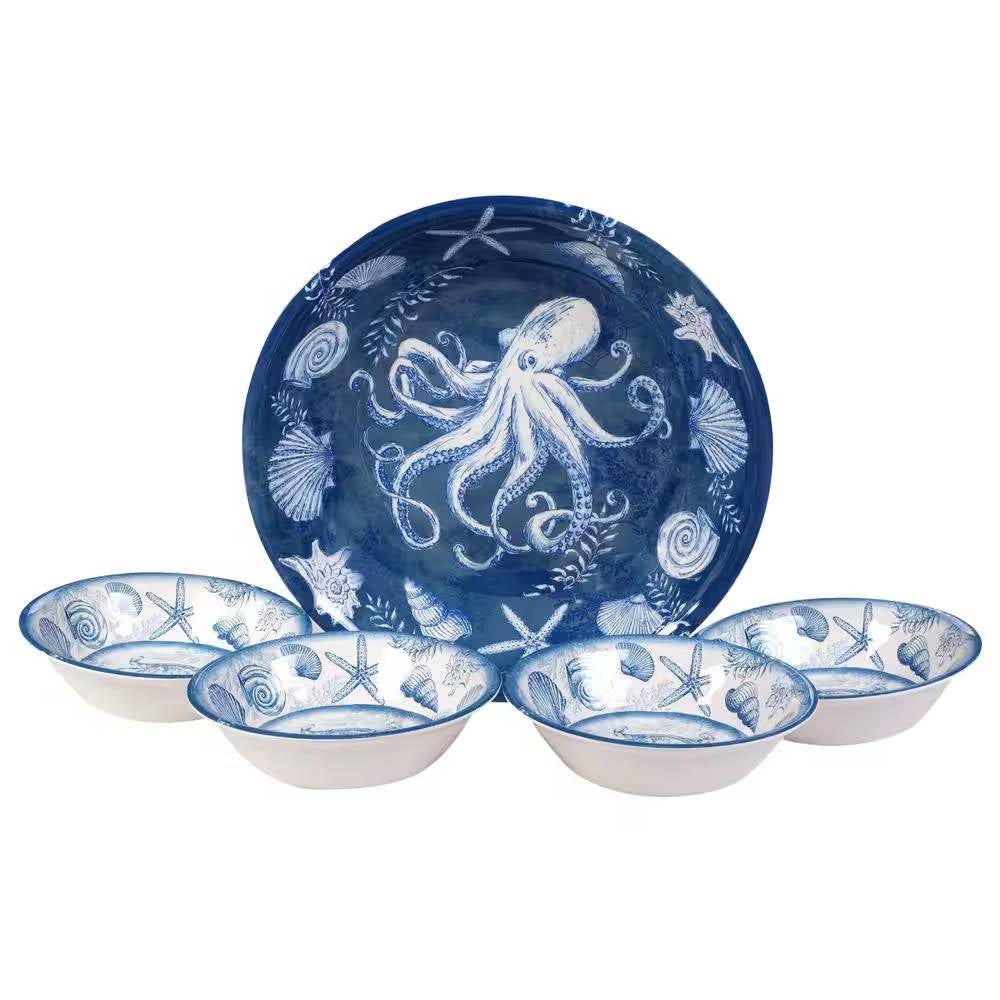 5-Piece Starfish Sea Shells Octopus Beach Dinner Bowl Set in Blue and White-0