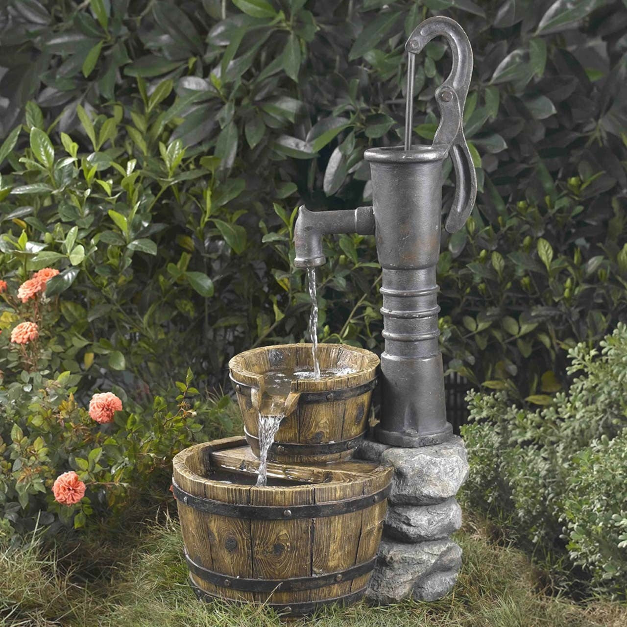 Outdoor Water Pump Half Whiskey Barrel Style Water Fountain-0