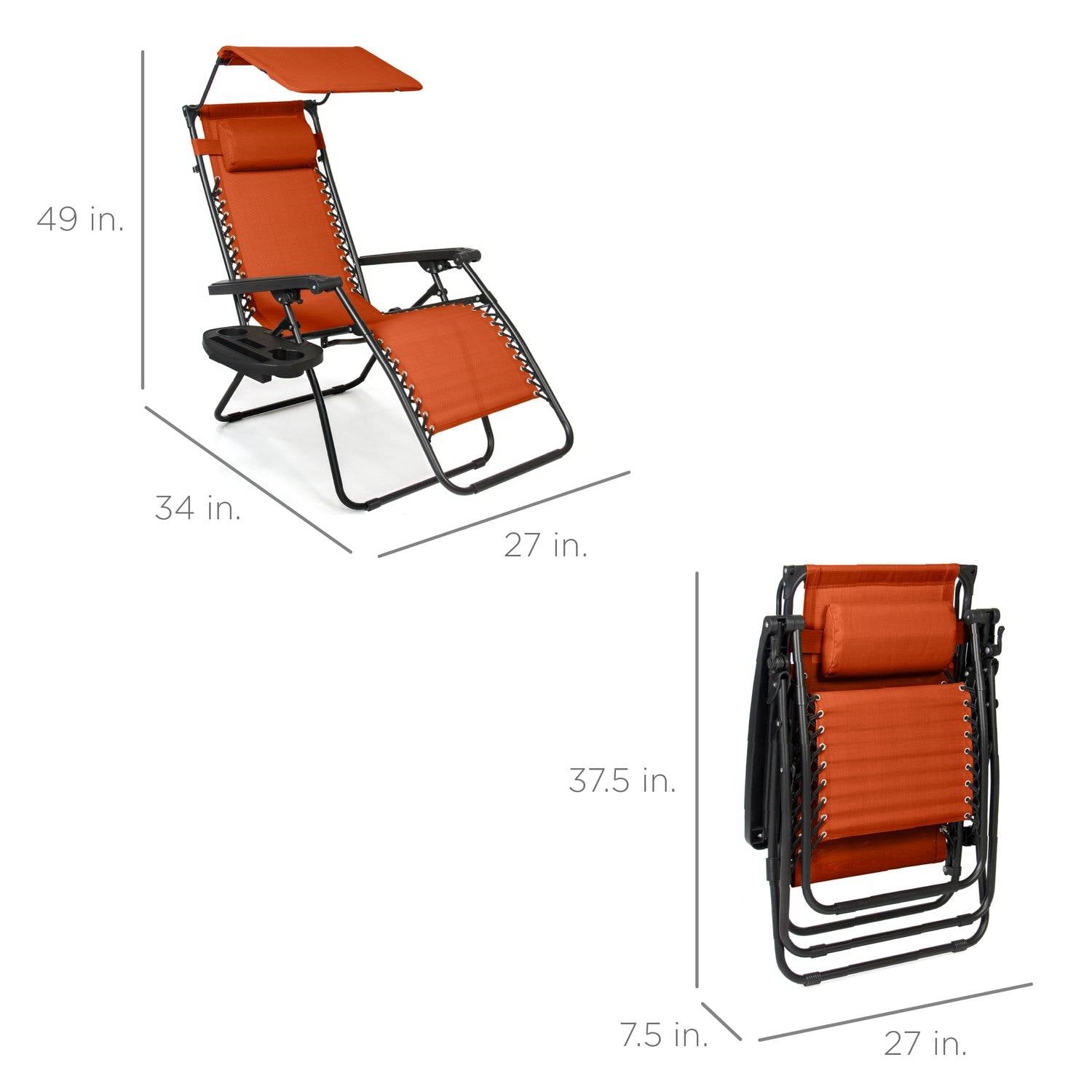Orange Zero Gravity Folding Reclining Patio Lounge Chair with Canopy Sun Shade-3