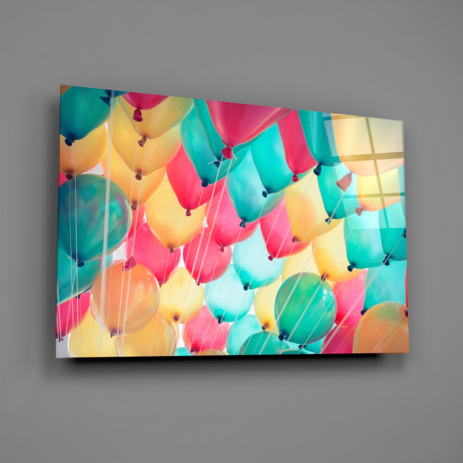 Floating Pastel Party Balloons Glass Wall Art
