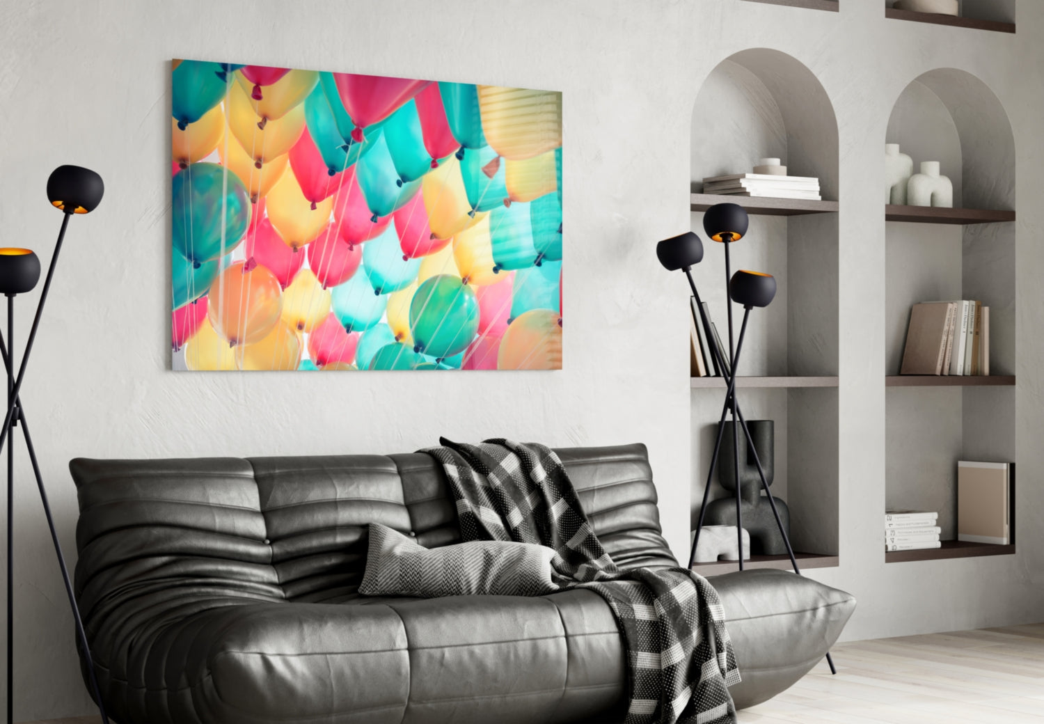 Floating Pastel Party Balloons Glass Wall Art