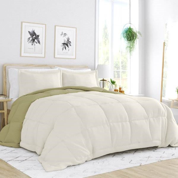 Full/Queen 3-Piece Microfiber Reversible Comforter Set in Sage Green/Cream-1