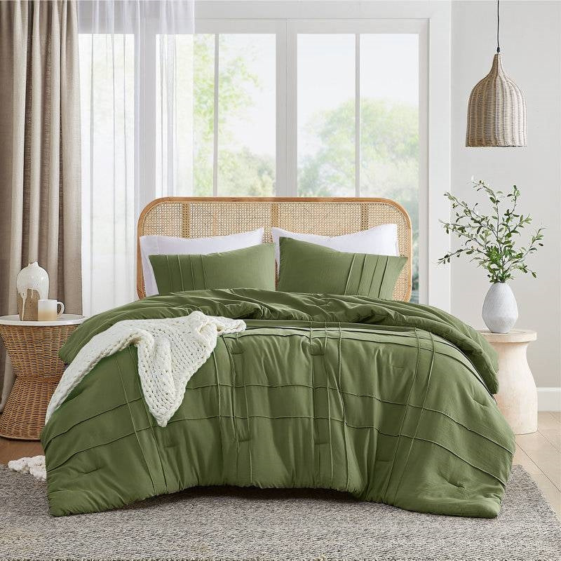 Queen size Microfiber Pleated Soft Lightweight Comforter Set in Olive Green-0