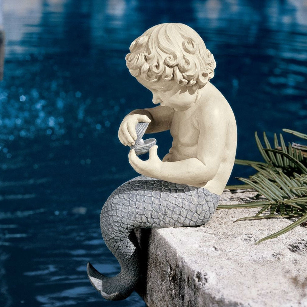 Young Little Sitting Mermaid Garden Statue with Oyster and Pearl-0