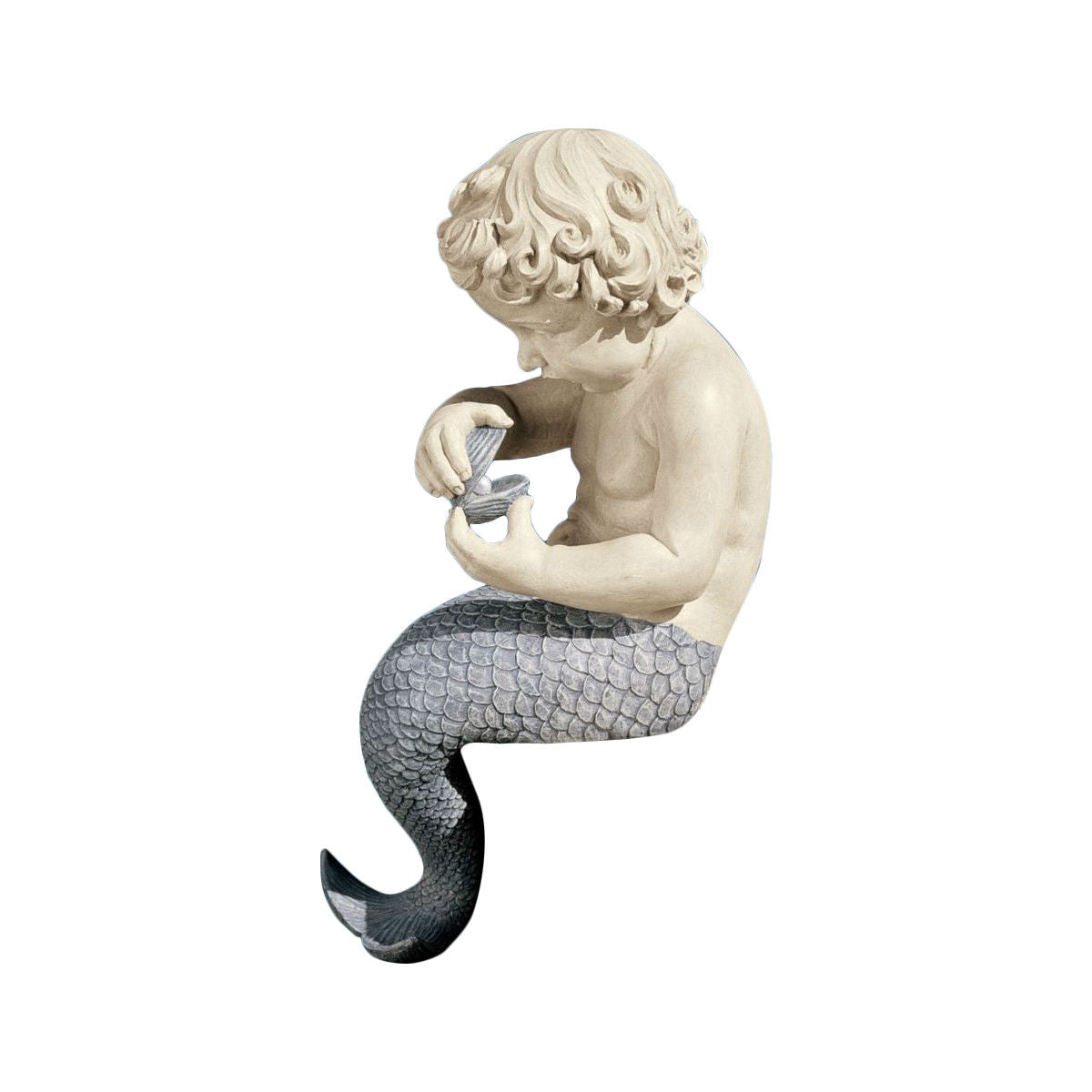 Young Little Sitting Mermaid Garden Statue with Oyster and Pearl-1