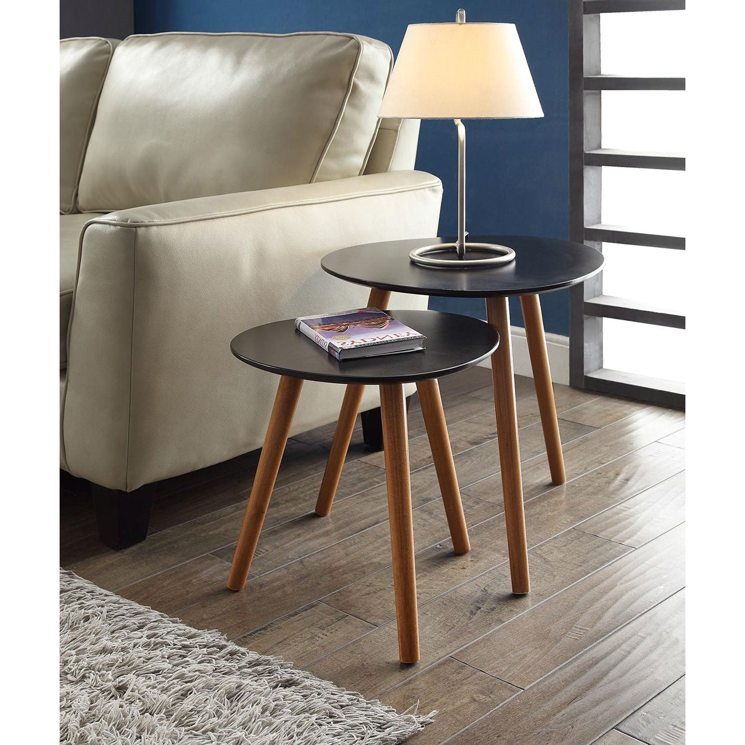 Set of 2 - Modern Mid-Century Style Nesting Tables End Table in Black-2