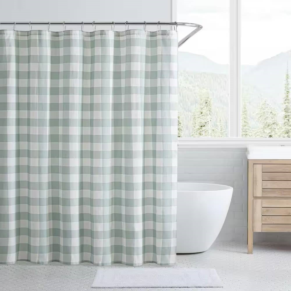 72-inch 100-Percent Cotton Fabric Shower Curtain with Green White Plaid Pattern-0