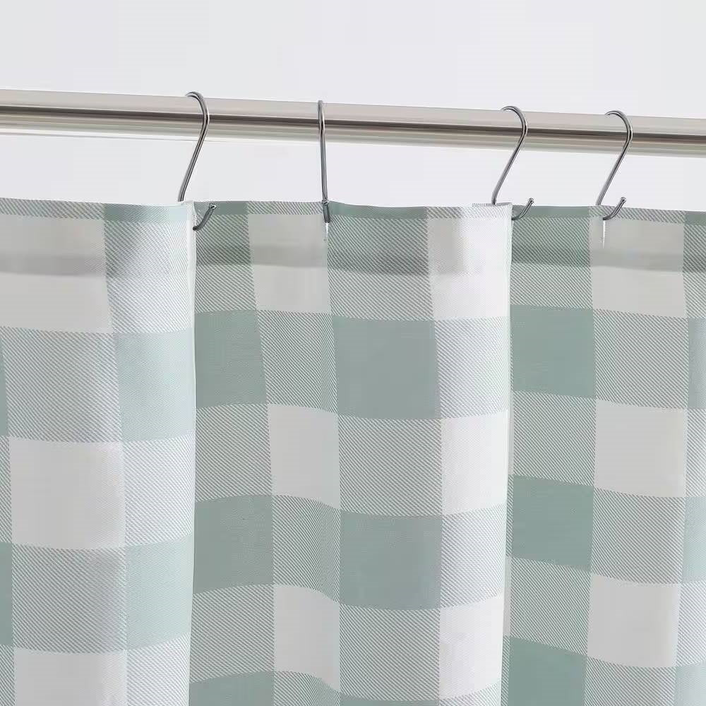 72-inch 100-Percent Cotton Fabric Shower Curtain with Green White Plaid Pattern-2