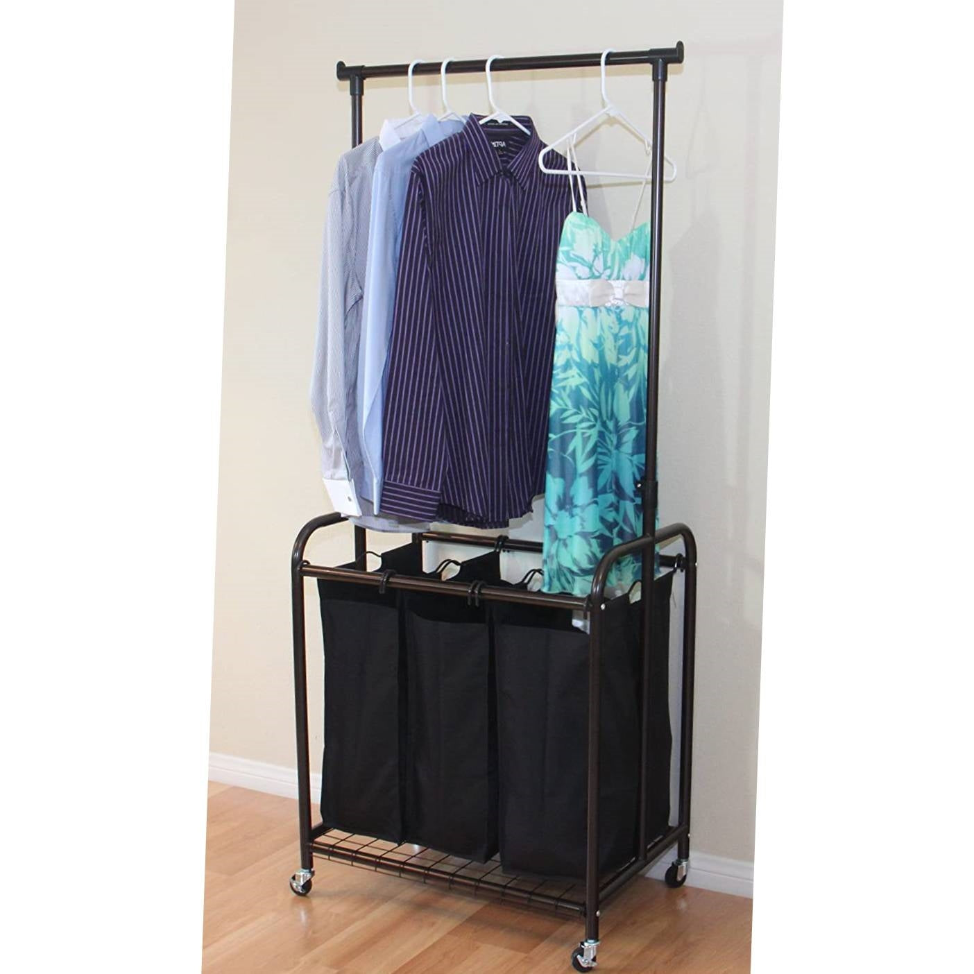 Bronze Black 3-Bag Laundry Sorter Hamper with Adjustable Clothes Hanging Bar-1