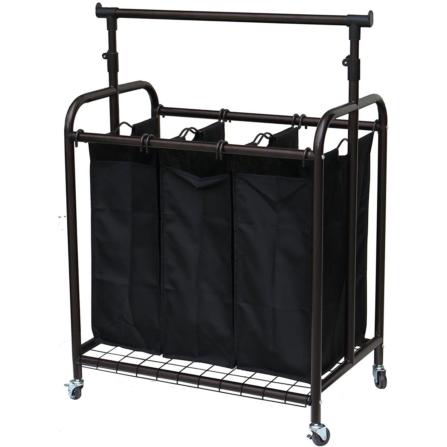 Bronze Black 3-Bag Laundry Sorter Hamper with Adjustable Clothes Hanging Bar-2