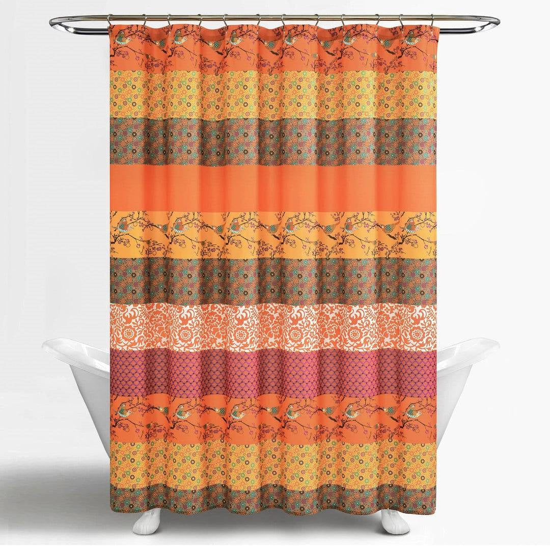 72-inch Orange Teal Floral Damask Boho Birds Polyester Shower Curtain-0