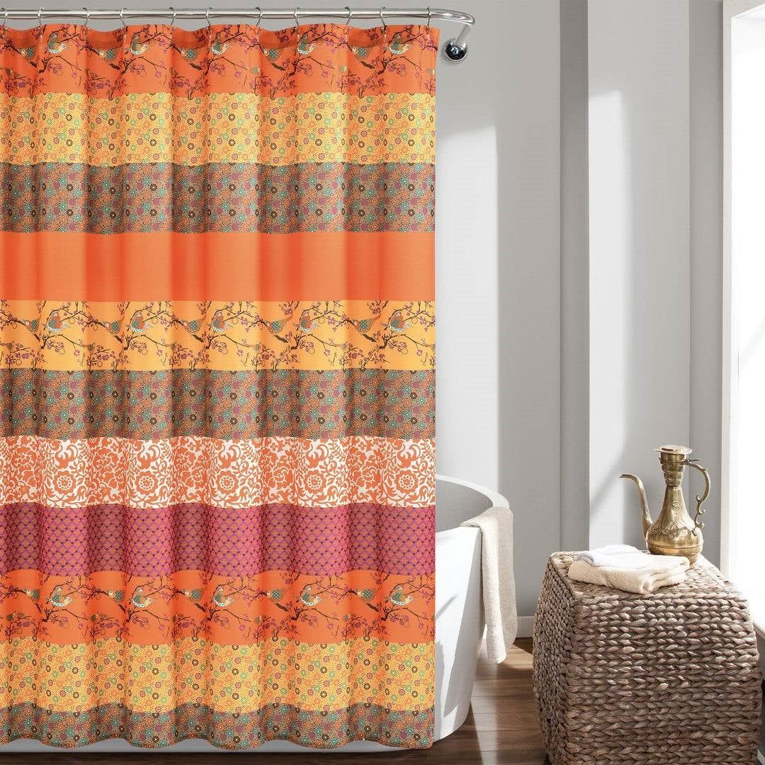 72-inch Orange Teal Floral Damask Boho Birds Polyester Shower Curtain-1