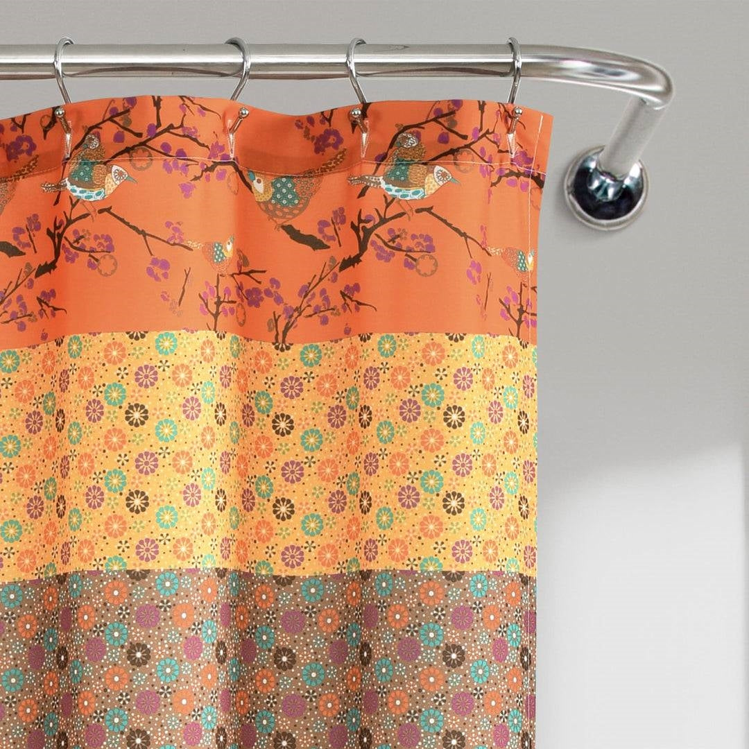 72-inch Orange Teal Floral Damask Boho Birds Polyester Shower Curtain-2