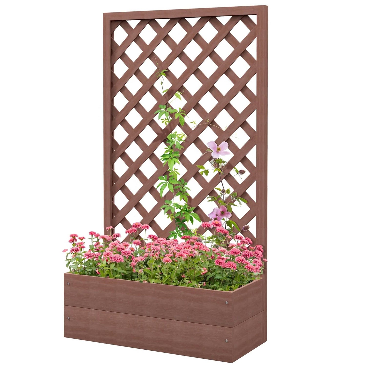 Outdoor Brown Wooden Raised Garden Bed Planter Box with Lattice Trellis-0