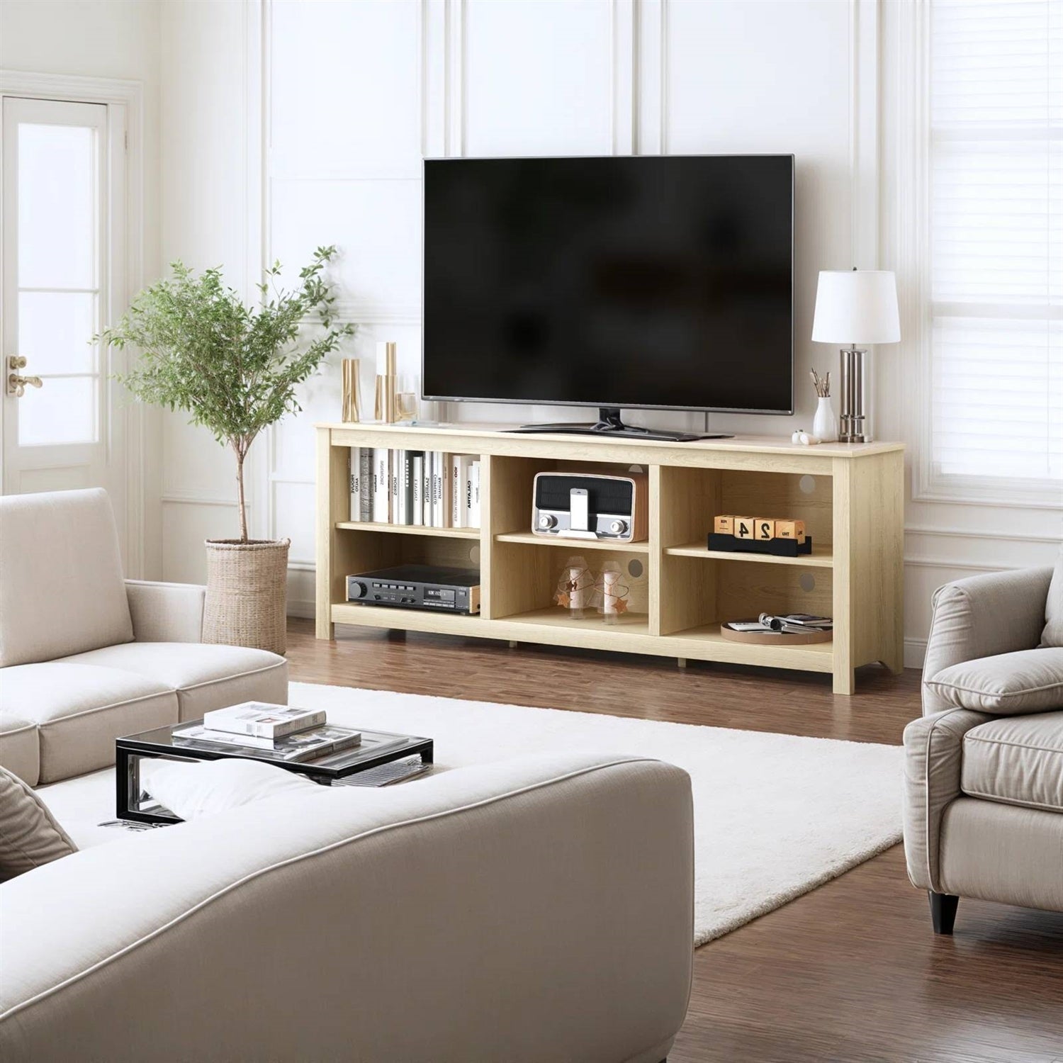 Farmhouse TV Stand in Light Oak Wood Finish - for TVs up to 70-inch-1