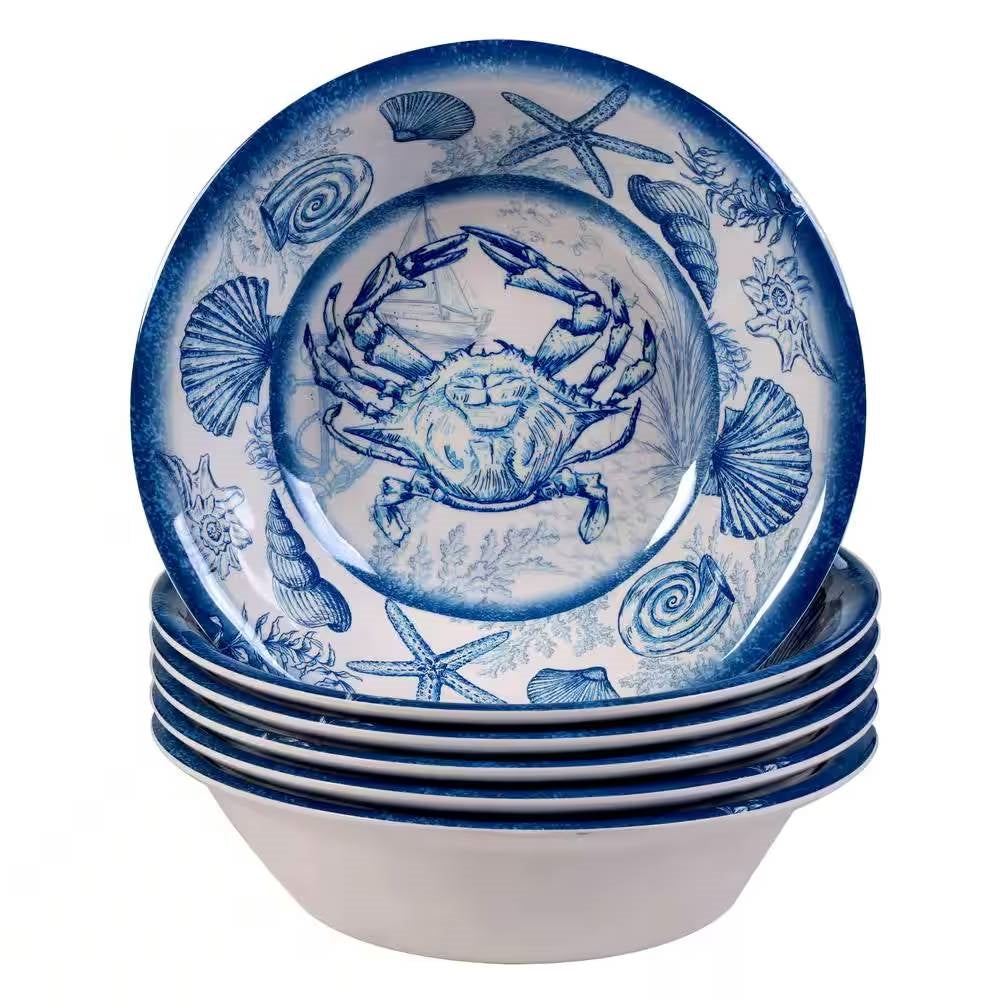 6-Piece Dinner Bowl Set with Blue White Ocean Sea Shells Crab Starfish Pattern-0