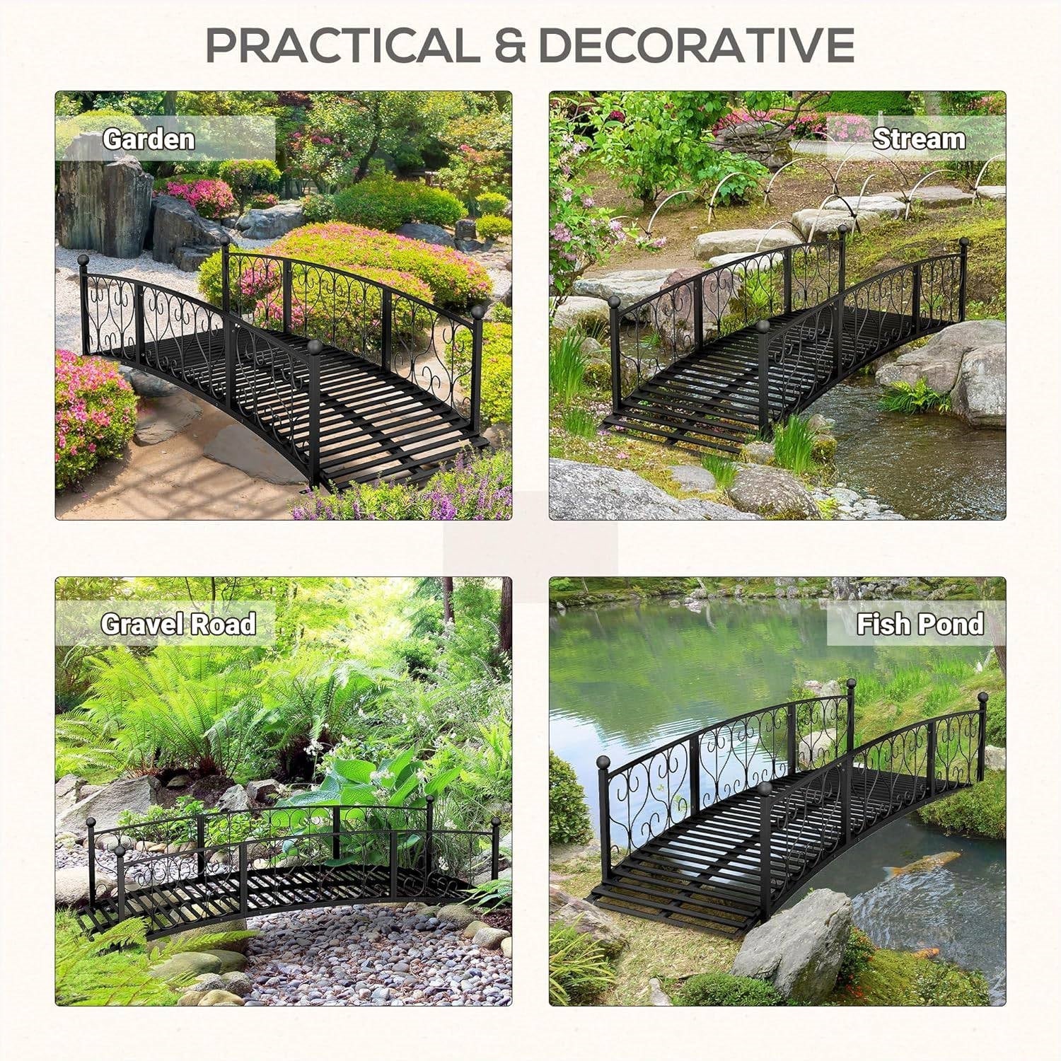 Outdoor Black Metal Arch 7-ft Garden Bridge with Side-Rails-3