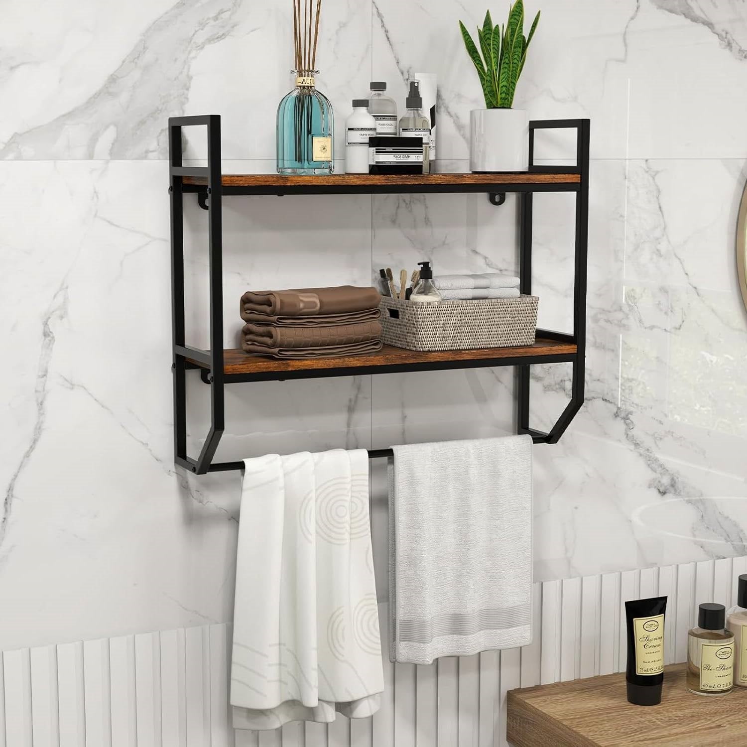 Wall Mounted Over Toilet 2-Shelf Bathroom Shelving Unit with Towel Bar