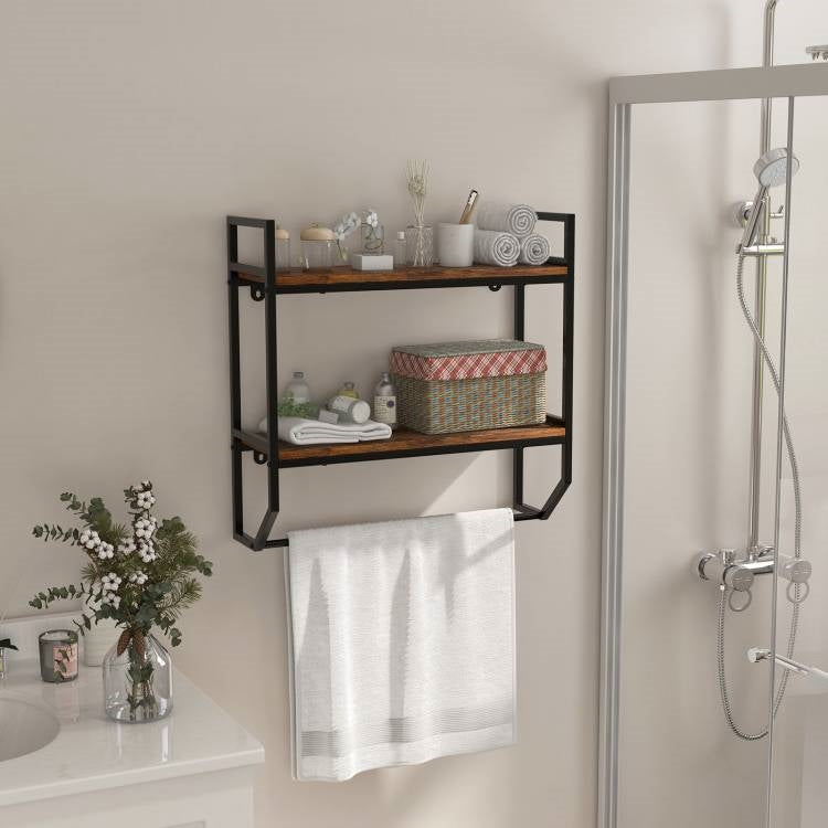 Wall Mounted Over Toilet 2-Shelf Bathroom Shelving Unit with Towel Bar-2