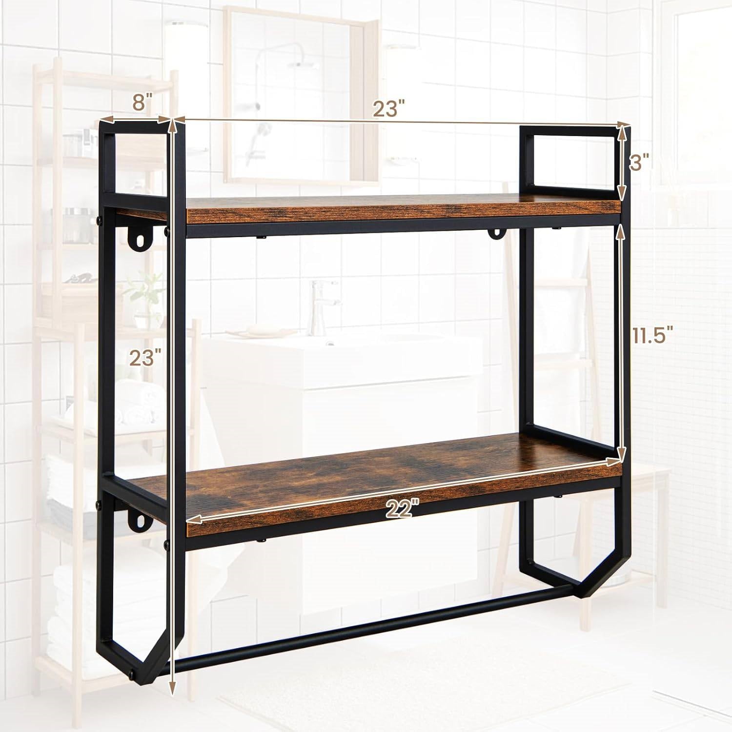 Wall Mounted Over Toilet 2-Shelf Bathroom Shelving Unit with Towel Bar-4