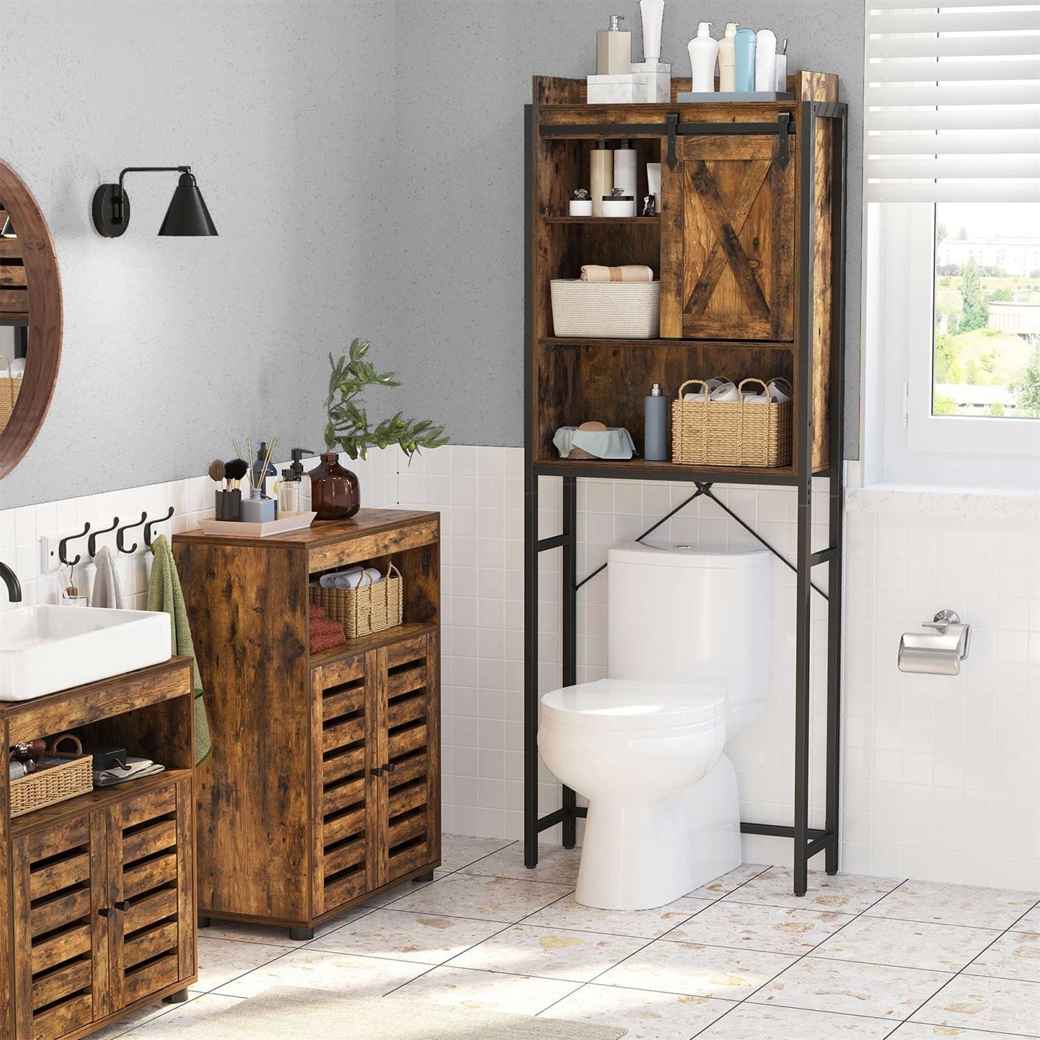 FarmHouse Over The Toilet Sliding Barn Door Storage Cabinet Cupboard-2