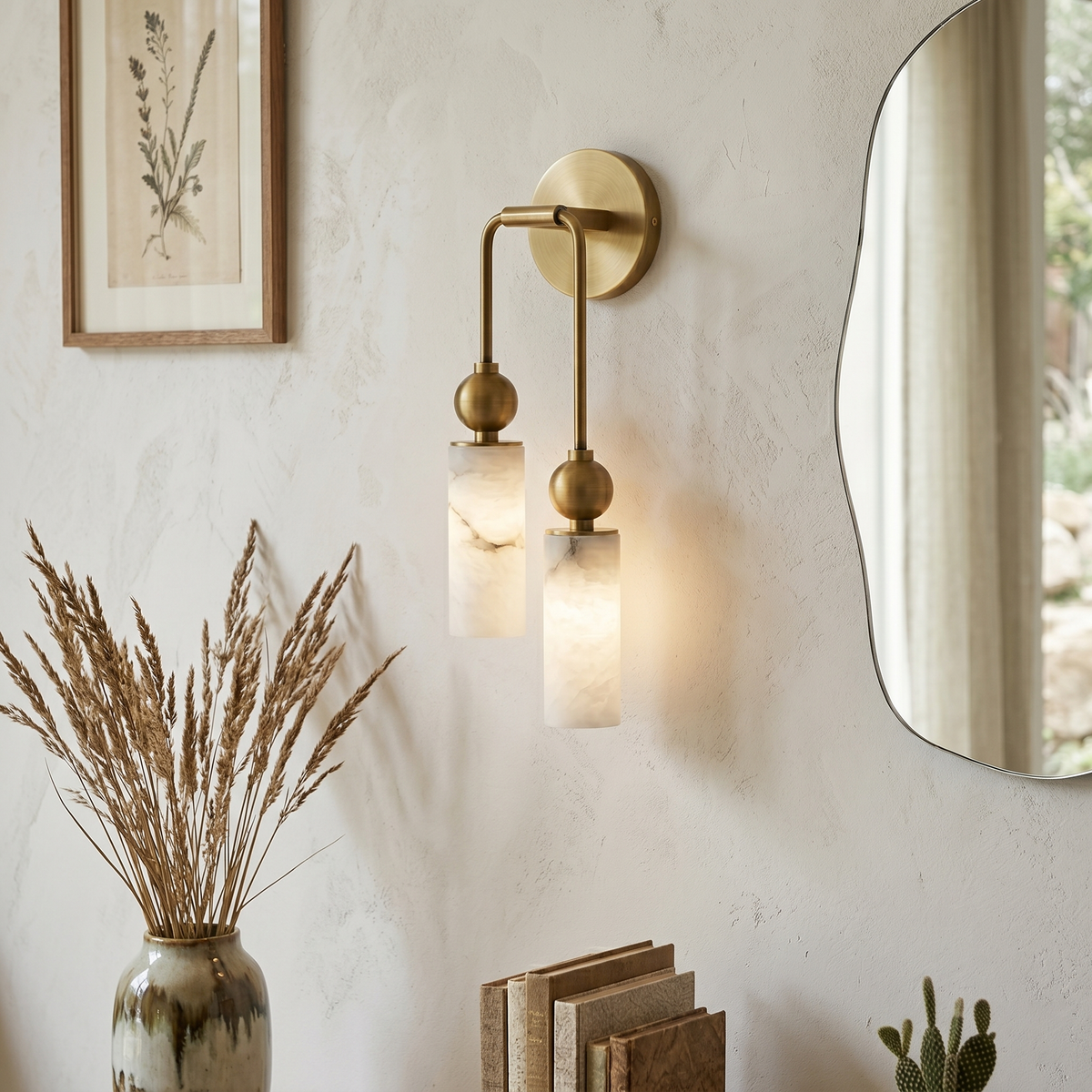 Natural Alabaster Wall Sconce with Brass Hardware | Warm Glow Bedside Light