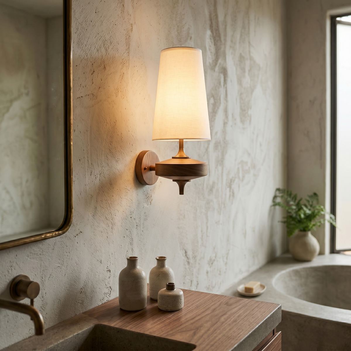 Walnut Wall Sconce with Antique Brass Hardware | Fabric Shade for Warm Ambient Light