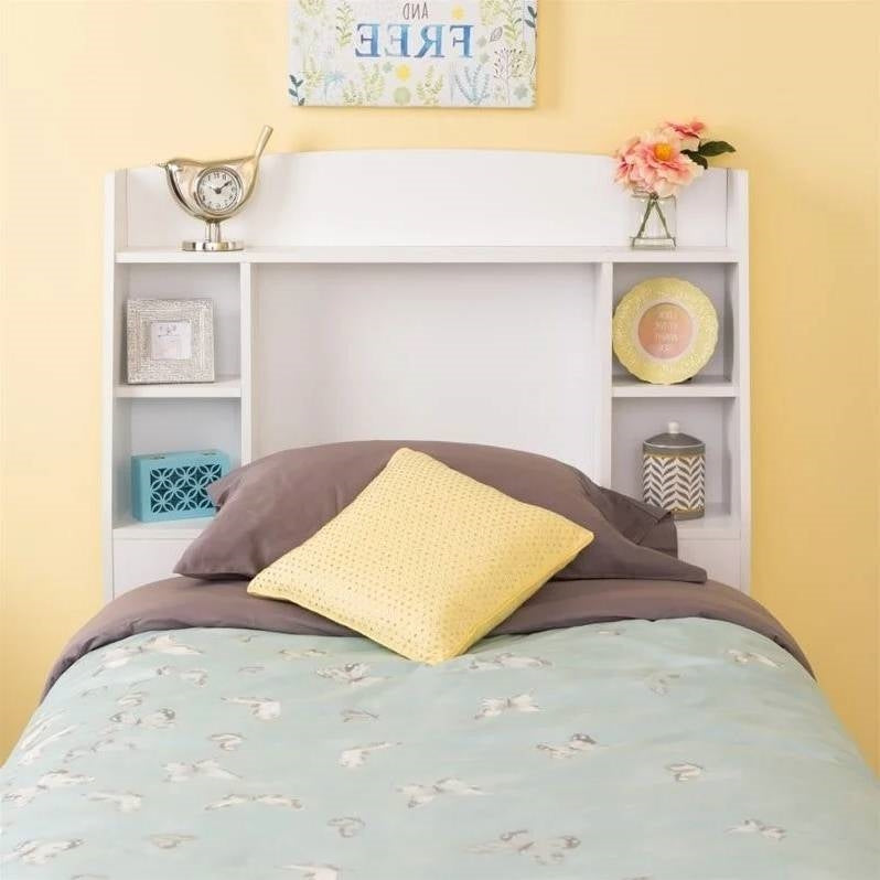 Twin size Bookcase Storage Headboard in White Wood Finish-2