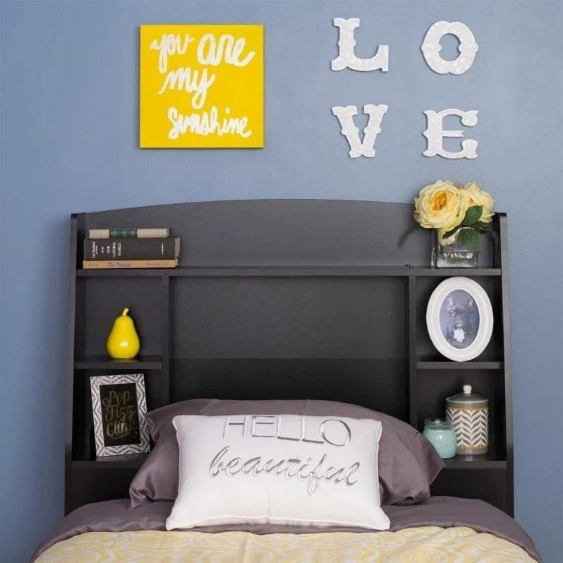 Twin size Bookcase Storage Headboard in Black Wood Finish-2