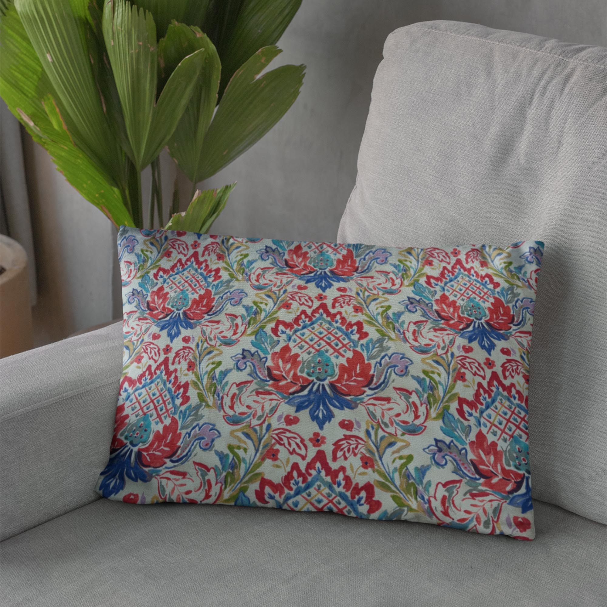 Plutus Beige Red Blue Wildflower Dream Floral Luxury Throw Pillow-2