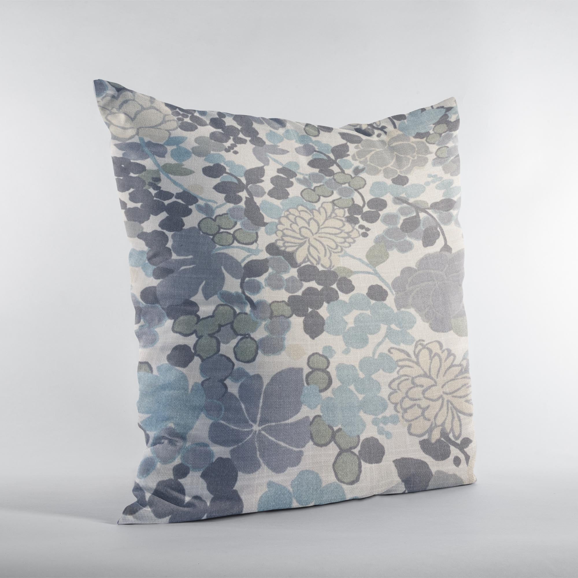 Plutus Blue Beige Gray Serene Blooms Floral Luxury Throw Pillow-1