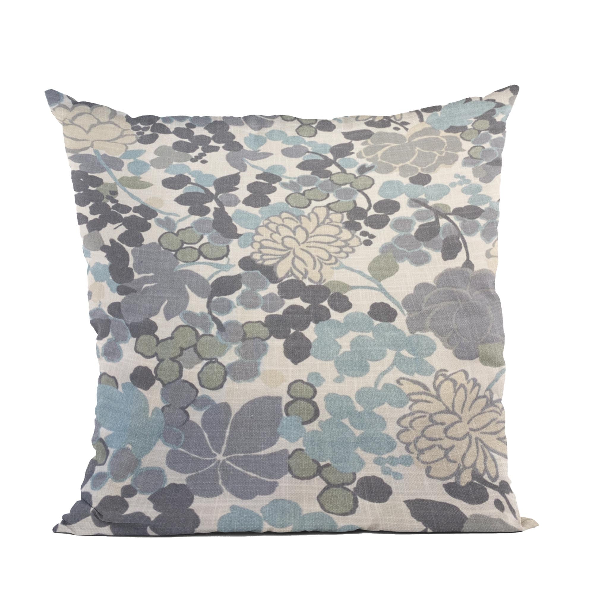 Plutus Blue Beige Gray Serene Blooms Floral Luxury Throw Pillow-0