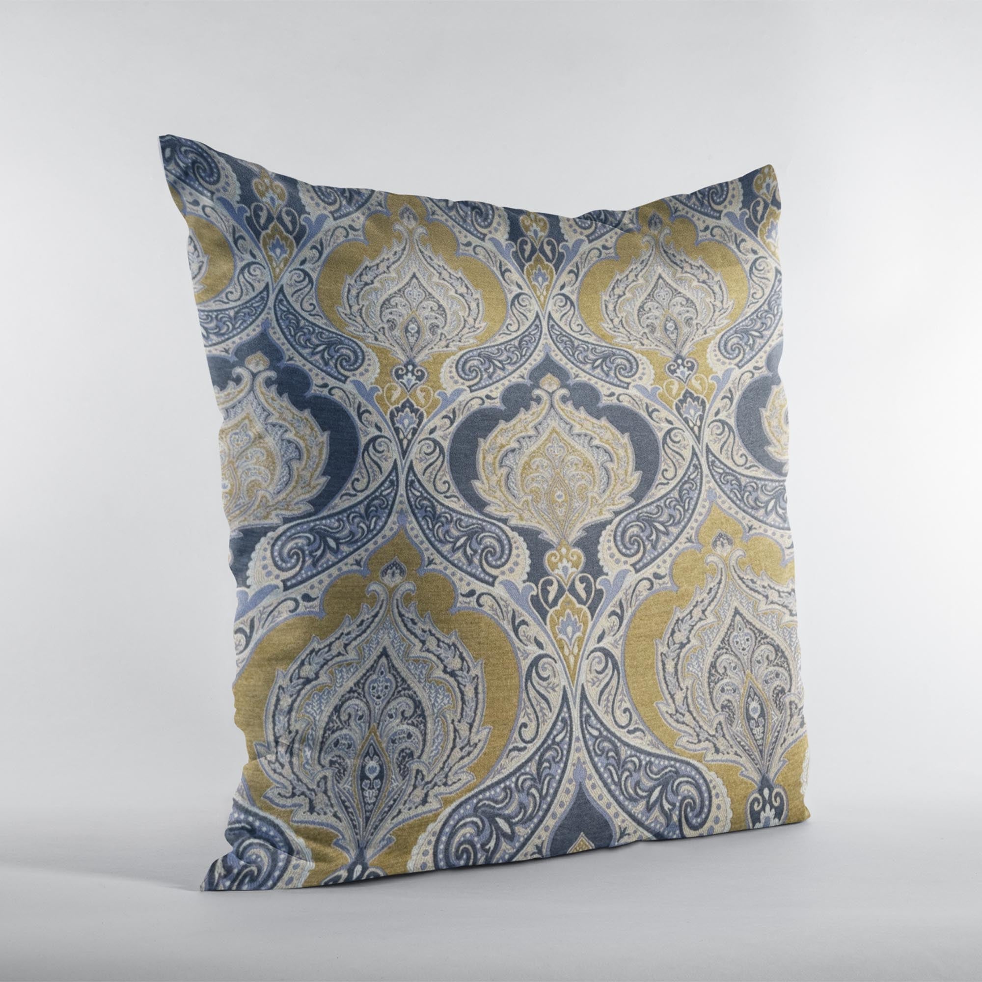 Plutus Blue Gold Beige Regal Paisley Paisley Luxury Throw Pillow-1