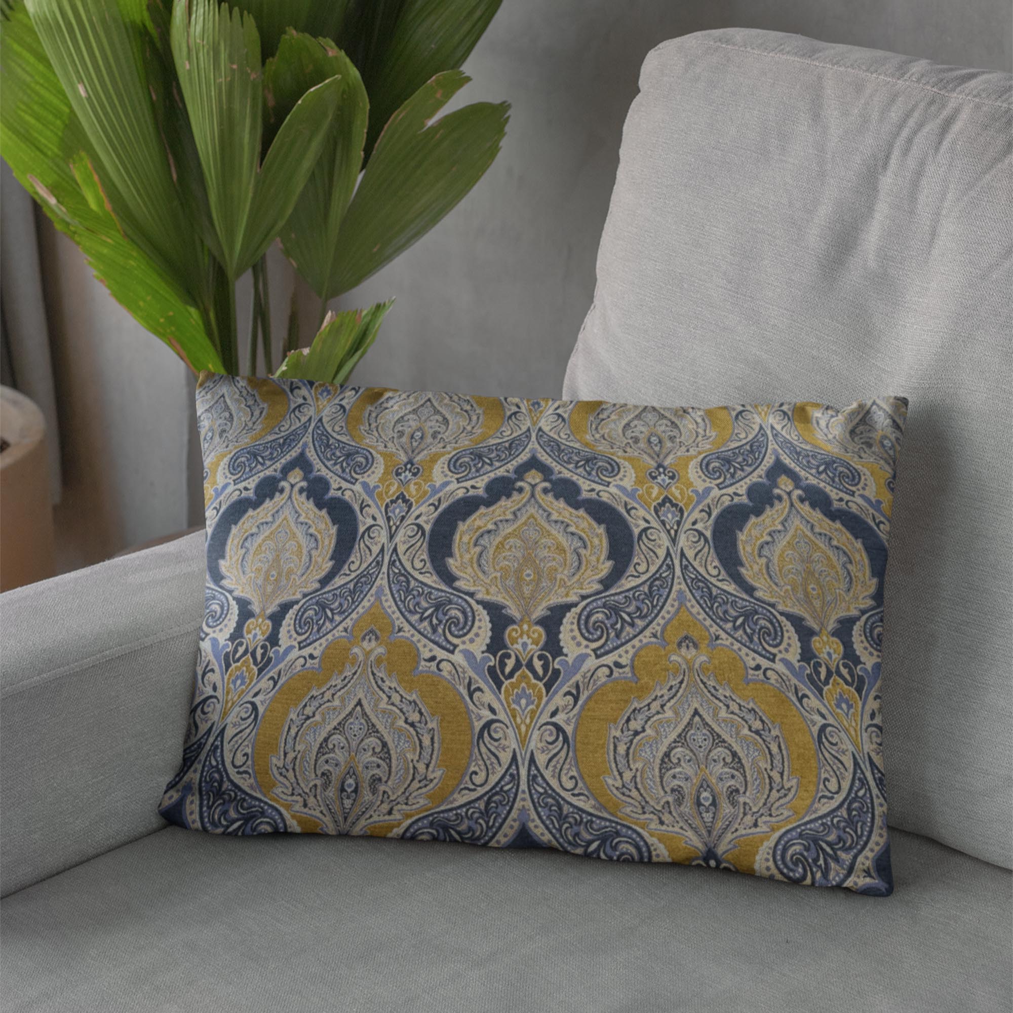 Plutus Blue Gold Beige Regal Paisley Paisley Luxury Throw Pillow-2