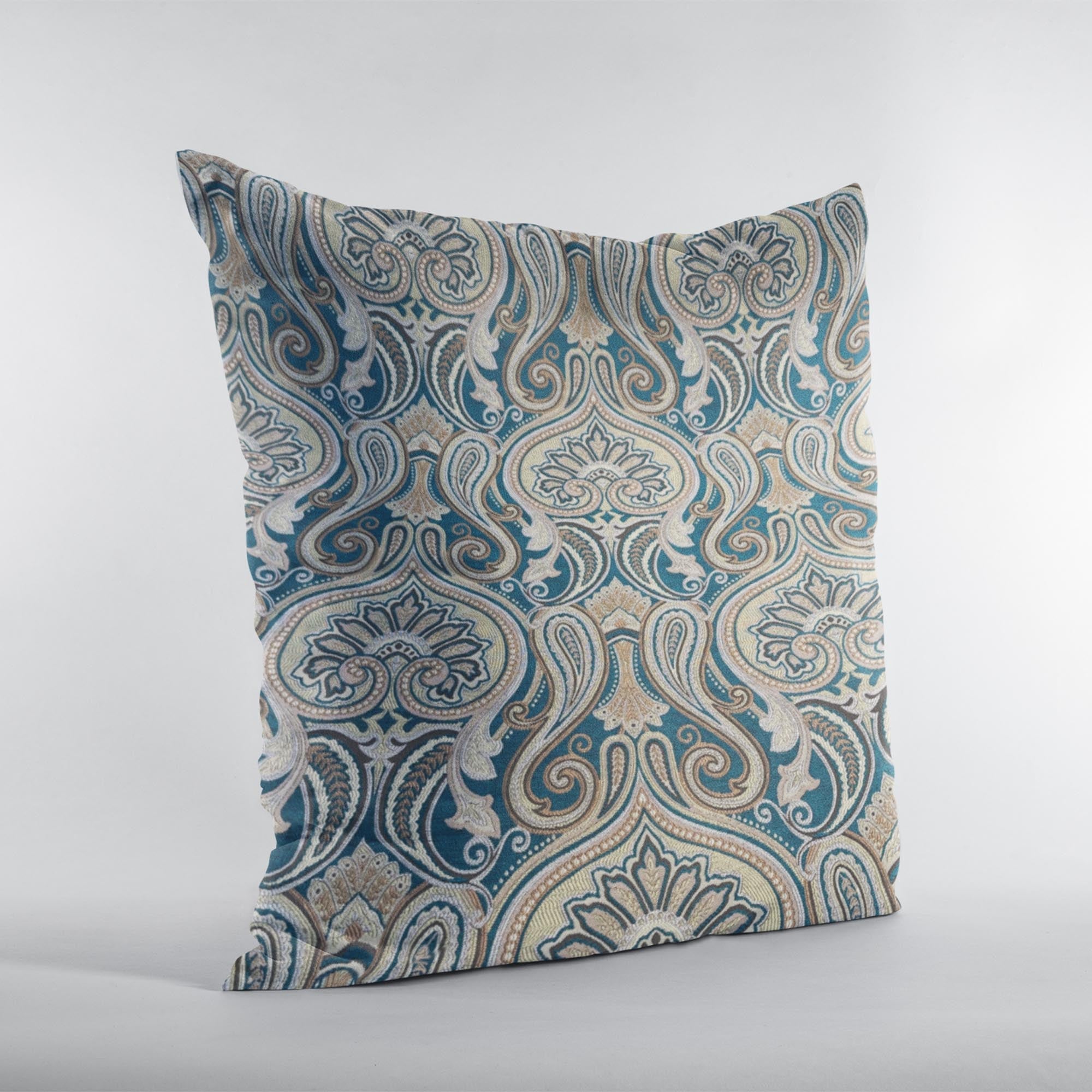 Plutus Blue Gold Beige Majestic Swirl Paisley Luxury Throw Pillow-1