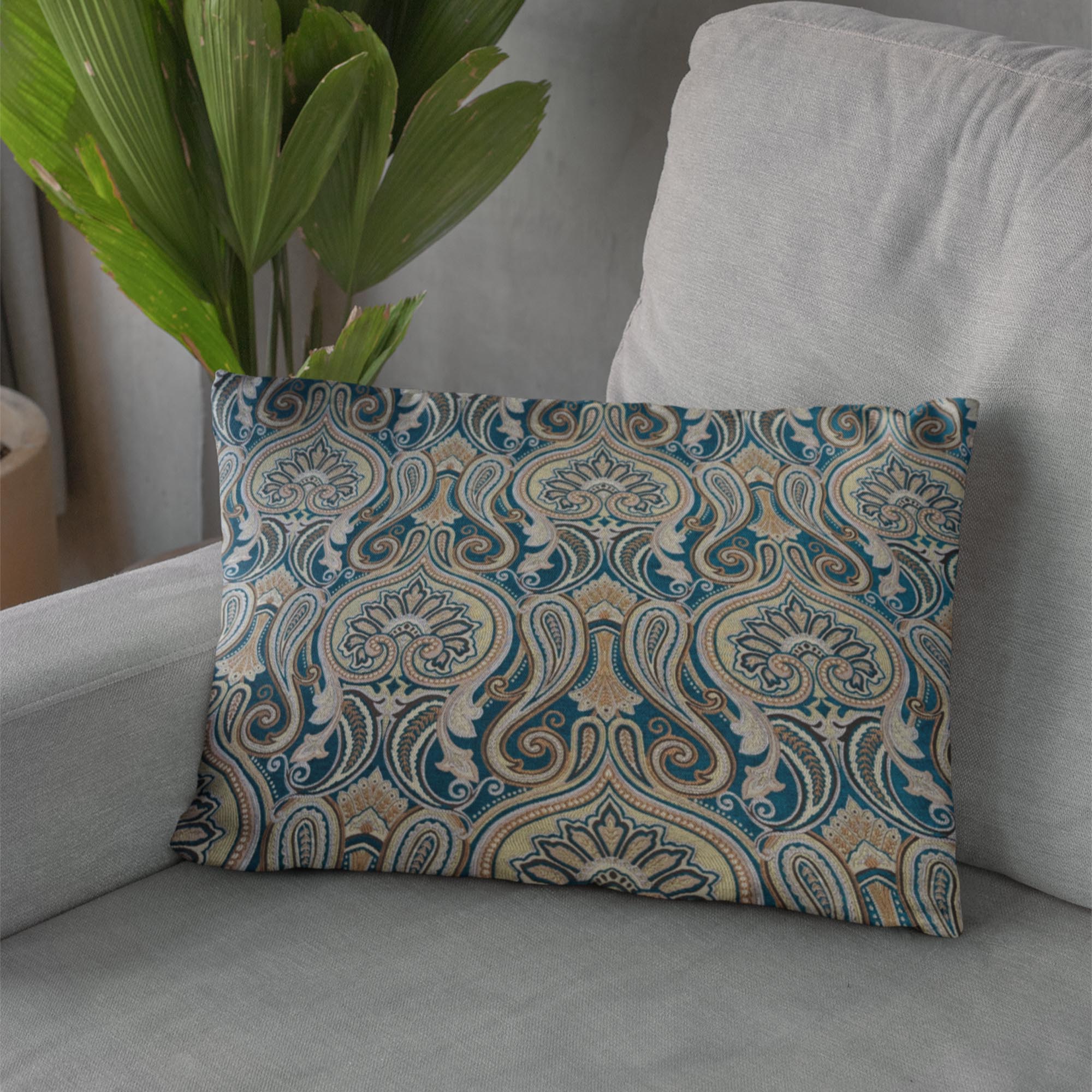 Plutus Blue Gold Beige Majestic Swirl Paisley Luxury Throw Pillow-2